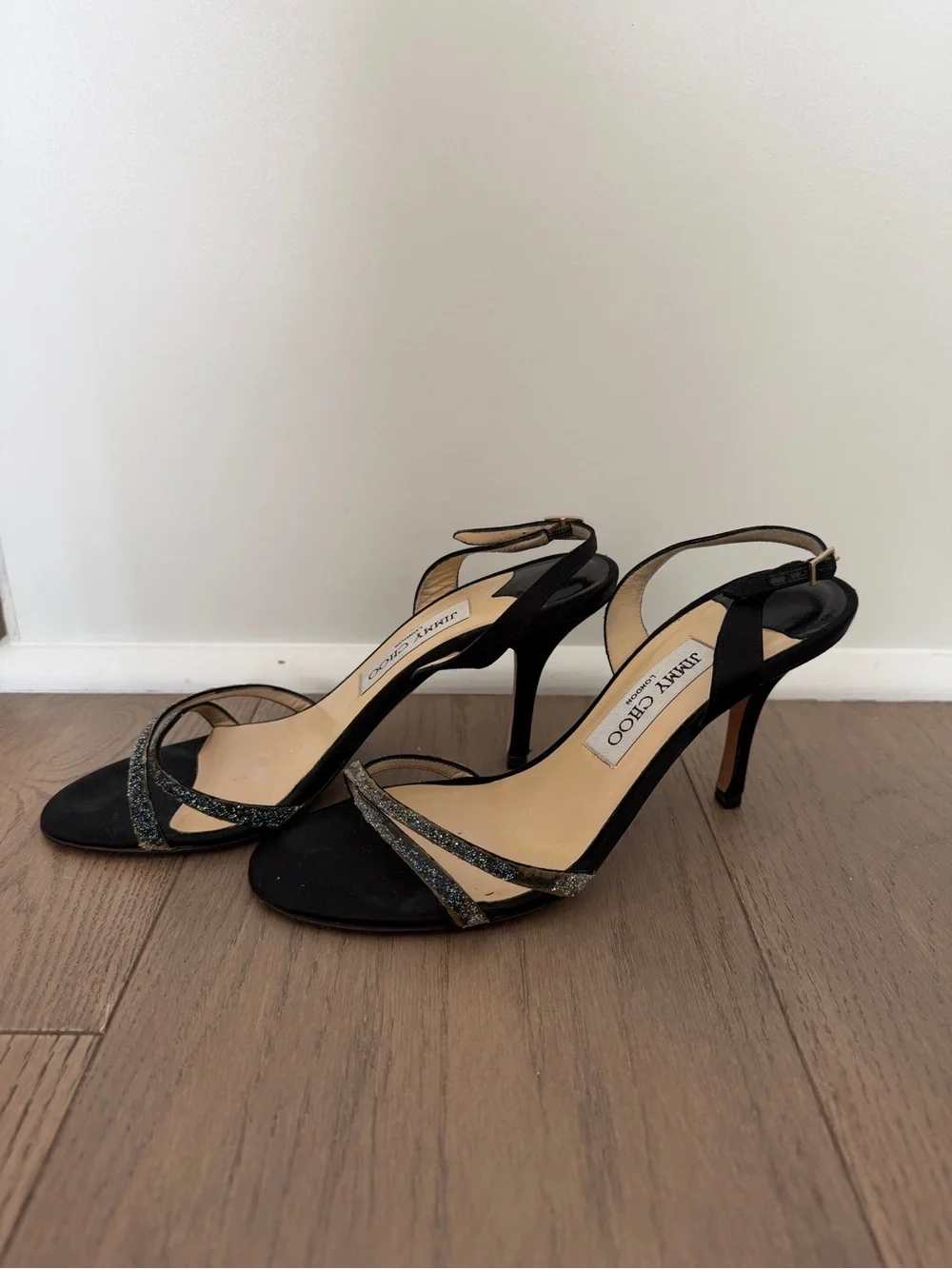Jimmy Choo India Black Satin Heeled Sandals with Sparkle Straps
